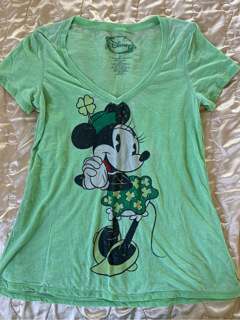 Disney Green Minnie Mouse V-Neck Tee with Shamrock Print
